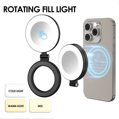 Magnetic Phone Selfie Lights Portable LED Cellphone Ring Light with Built-in Mirror 180° Foldable Phone Flashes for Mag Safe