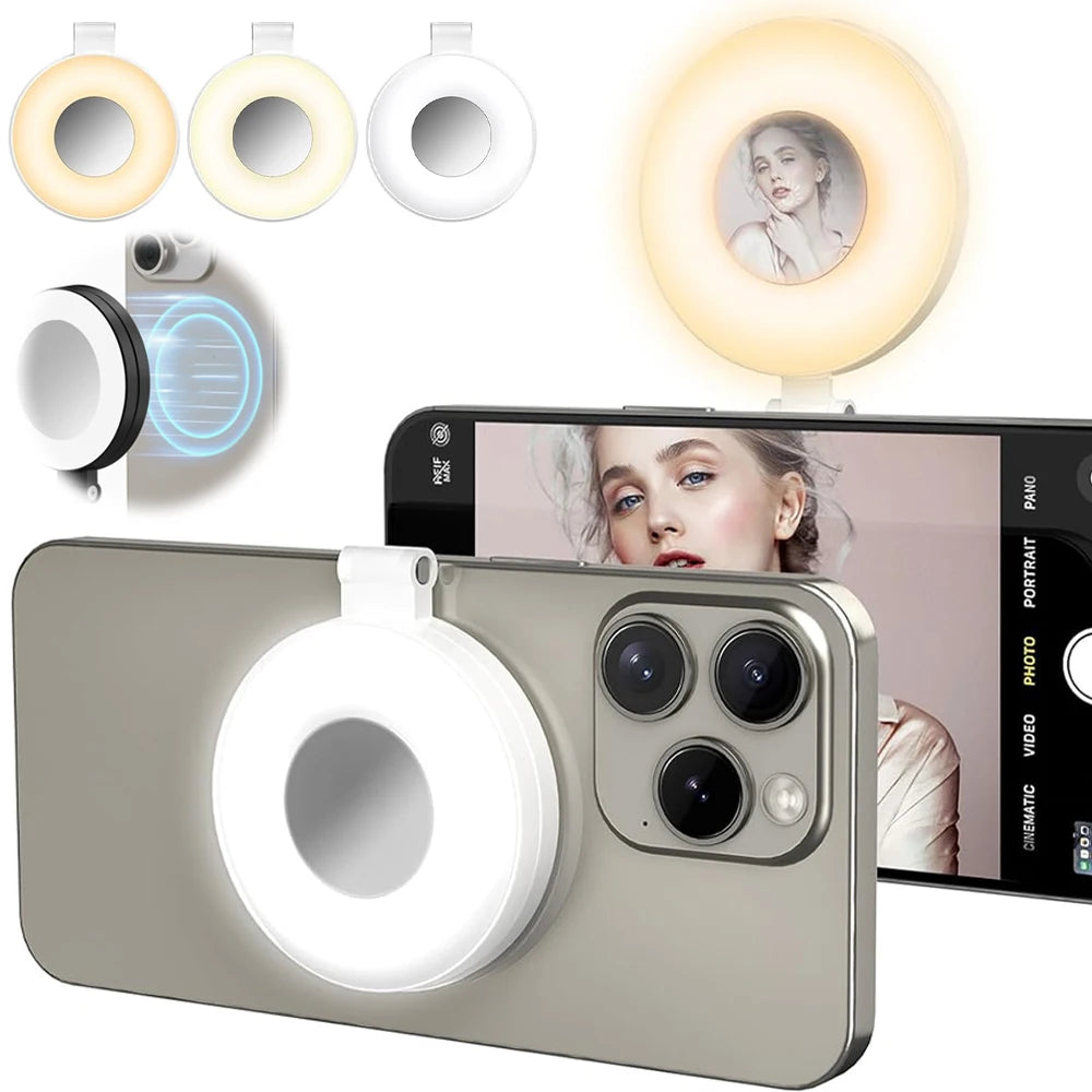 Magnetic Phone Selfie Lights Portable LED Cellphone Ring Light with Built-in Mirror 180° Foldable Phone Flashes for Mag Safe