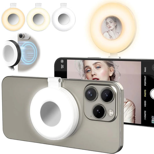 Magnetic Phone Selfie Lights Portable LED Cellphone Ring Light with Built-in Mirror 180° Foldable Phone Flashes for Mag Safe